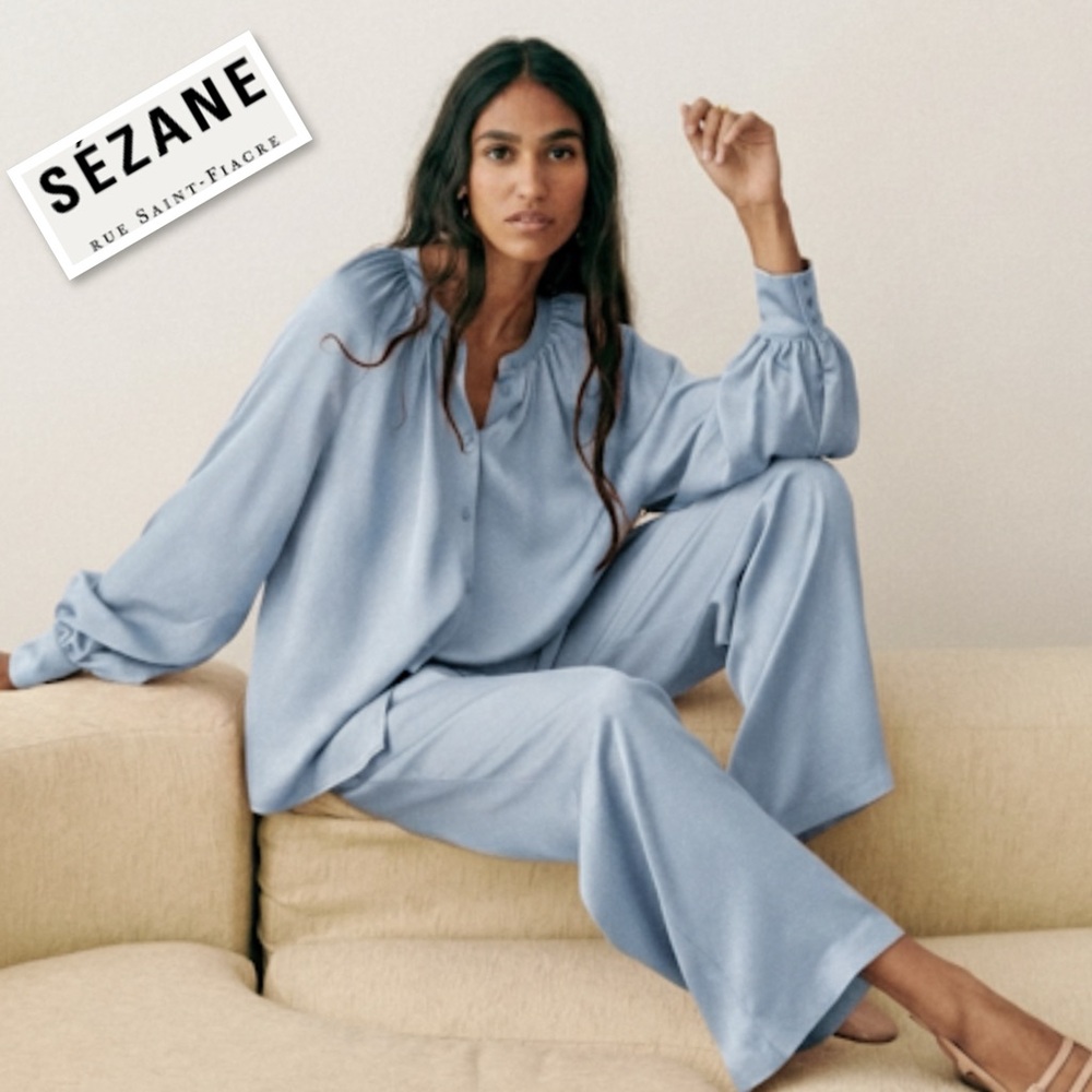 Sézane Lealys Silky Blouse Buttons Up Shirt Vintage Blue, Size 36(US4)